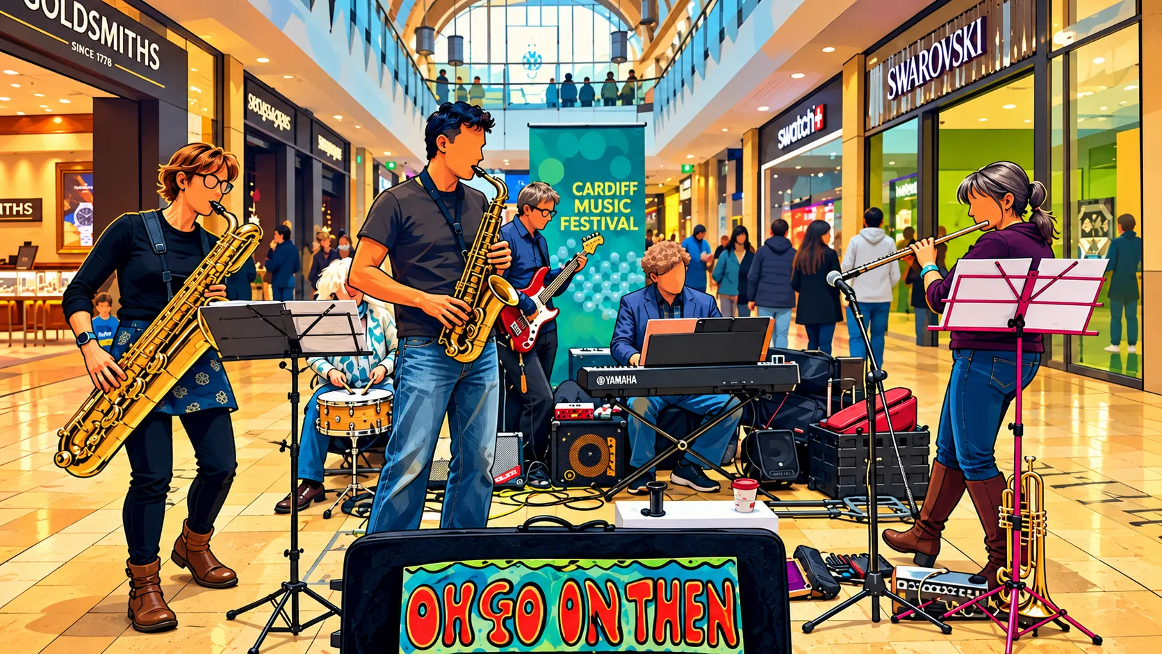 Cartoon of the band playing saxes, bass, keys, flute and drums